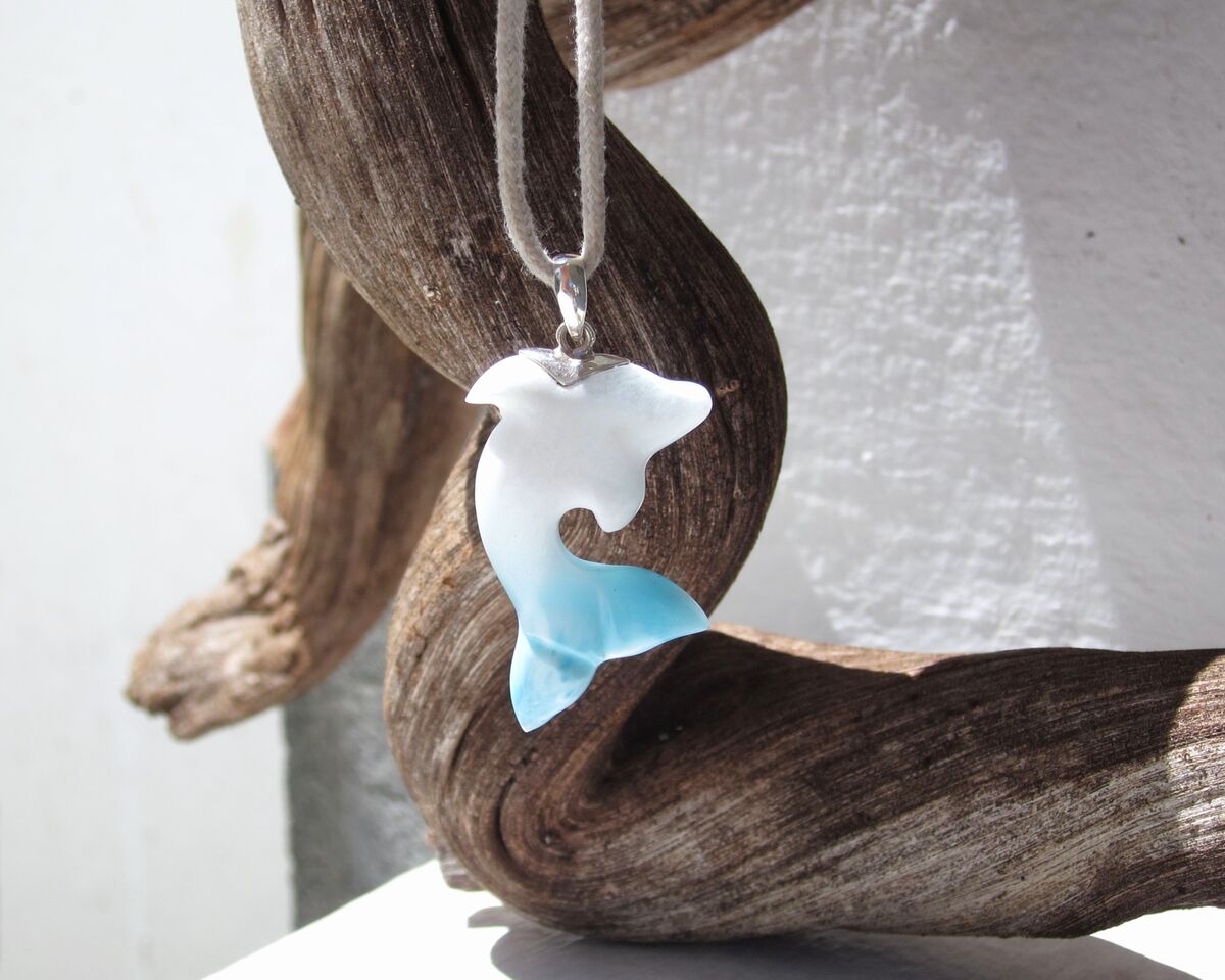 Rare white and blue Larimar dolphin pendant, Tamer of the Waves - ET3709 - product images  of 