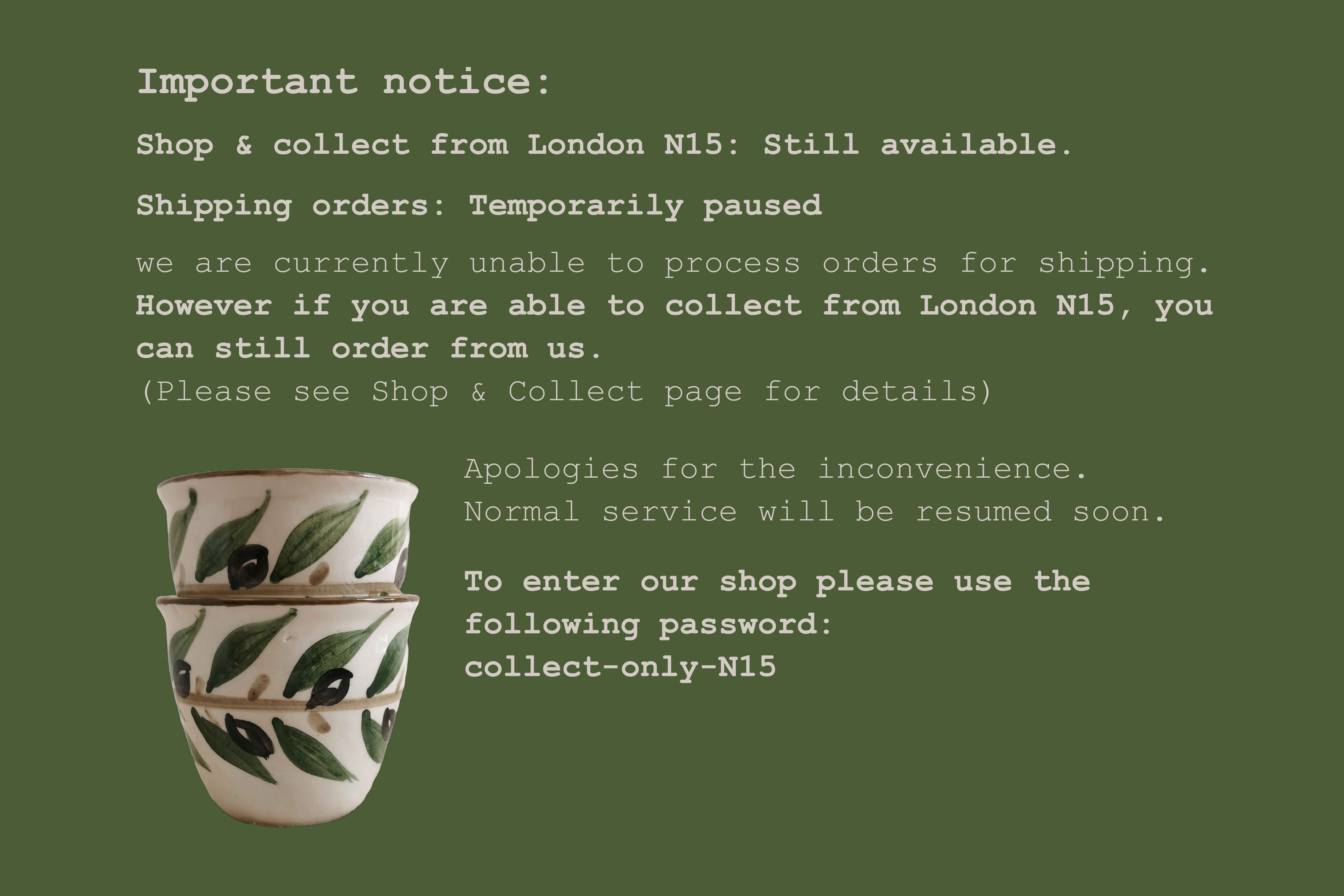 Thank you for visiting! We will be on a break, which means our online shop  will be closed until  the first week of June.  Meanwhile if you need to get in contact please drop an email to Grace at  info@elbustan.com. Follow us on instagram @elbustanpalestinainshop for more updates.  �