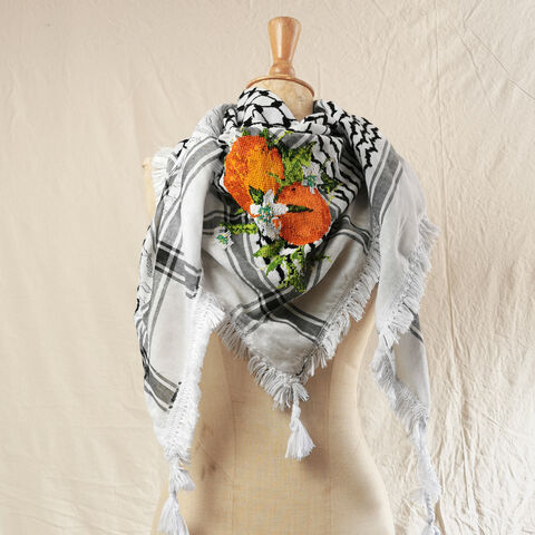 The,Garden,Keffiyeh,-,Jaffa,Oranges,by,Amani, Kuffiya, keffieh, tatreez, KUFIYA, made in Palestine, cross stitch, Palestinian embroidery, jaffa oranges, roses