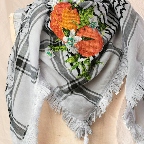 The,Garden,Kuffiyeh,-,Jaffa,Oranges,by,Amani,Keffiyeh, Kuffiya, keffieh, tatreez, KUFIYA, made in Palestine, cross stitch, Palestinian embroidery, jaffa oranges, roses