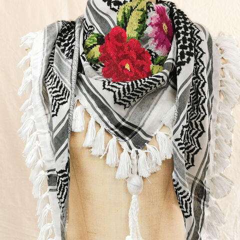 The,Garden,Keffiyeh,-,Roses,by,Amani, Kuffiya, keffieh, tatreez, KUFIYA, made in Palestine, cross stitch, Palestinian embroidery, jaffa oranges, roses
