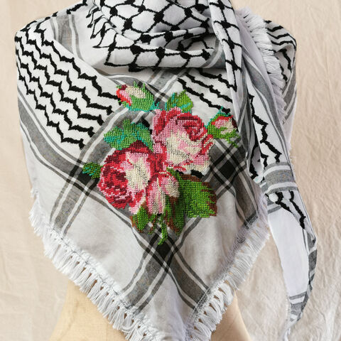 The,Garden,Keffiyeh,-,Roses,by,Amani, Kuffiya, keffieh, tatreez, KUFIYA, made in Palestine, cross stitch, Palestinian embroidery, jaffa oranges, roses