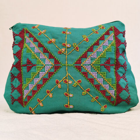 The,Almond,Blossom,pouch,-,Turquoise,By,Haneen,project,Nablus,Palestine,Made in Palestine, elbustan, Syrian fabric, Haneen project, balata refugee camp, nablus, pouch, tatreez, palestinian embroidery