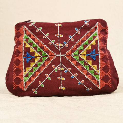 The,Almond,Blossom,pouch,-,Bordeaux,By,Haneen,project,Nablus,Palestine,Made in Palestine, elbustan, Syrian fabric, Haneen project, balata refugee camp, nablus, pouch, tatreez, palestinian embroidery
