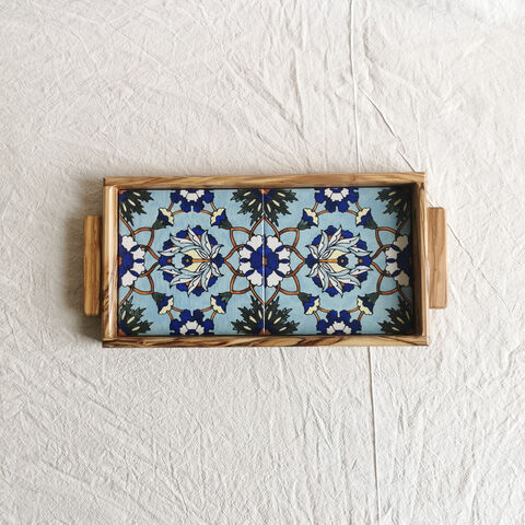 The,Sky,Bloom,tray,-,Made,in,Jerusalem,and,Bethlehem,Tiles, Arminian tiles, Turkish tiles , Palestine tiles, Ceramic wooden tiles tray, made in Palestine, elbastan shop, elbustan Palestinian shop,  olive wood, olive wood Bethlehem, Palestinian crafts, Palestinian heritage, Hebron, Made in Hebron, Made in Be