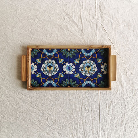The,Indigo,Bloom,tray,-,Made,in,Jerusalem,and,Bethlehem,Tiles, Arminian tiles, Turkish tiles , Palestine tiles, Ceramic wooden tiles tray, made in Palestine, elbastan shop, elbustan Palestinian shop,  olive wood, olive wood Bethlehem, Palestinian crafts, Palestinian heritage, Hebron, Made in Hebron, Made in Be