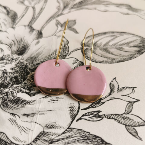 Porcelain,round,earrings,-,Pink,By,Rania,Makhlouf,El Bustan, Palestinian shop London, made in Palestine, palestinian products, handmade Jewellery, Palestinian Jewellery designer, Palestinian ceramics, porcelain earrings, rania makhlouf, rania’s road, Haifa, Palestinian women business 