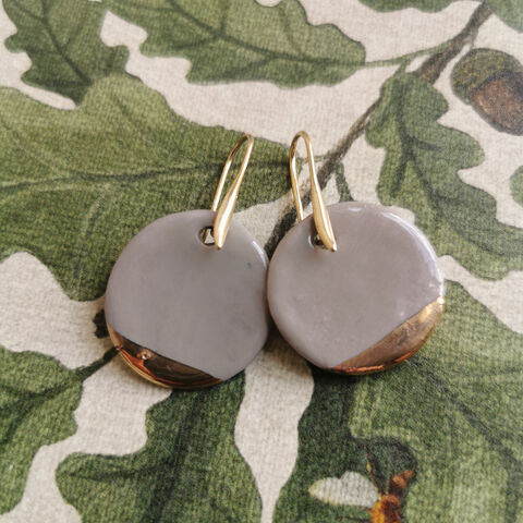 Porcelain,round,earrings,with,24k,gold,cluster,-,Creamy,tahini,By,Rania,Makhlouf,El Bustan, Palestinian shop London, made in Palestine, palestinian products, handmade Jewellery, Palestinian Jewellery designer, Palestinian ceramics, porcelain earrings, rania makhlouf, rania’s road, Haifa, Palestinian women business 