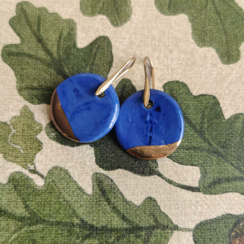 Porcelain,round,earrings,with,24k,gold,cluster,-,Indigo,blue,By,Rania,Makhlouf,El Bustan, Palestinian shop London, made in Palestine, palestinian products, handmade Jewellery, Palestinian Jewellery designer, Palestinian ceramics, porcelain earrings, rania makhlouf, rania’s road, Haifa, Palestinian women business 