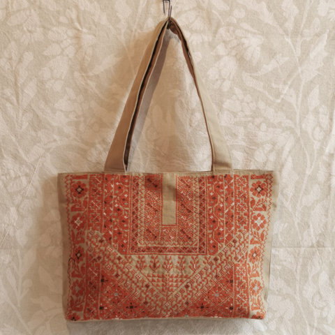 Tatreez,Qabbeh,Tote,Bag,-,Beige/muted,brick, Palestinian embroidery, tote bag, made in Palestine, elbustan palestinian shop, Palestinian Tatreez Bag,  Handmade Embroidery Tote,  Qabbeh Design Handbag,  Ethical Fashion Palestine,  Traditional Palestinian Embroidery