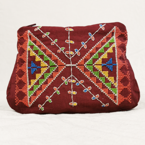 The,Almond,Blossom,pouch,-,Bordeaux,By,Haneen,project,Nablus,Palestine,Made in Palestine, elbustan, Syrian fabric, Haneen project, balata refugee camp, nablus, pouch, tatreez, palestinian embroidery