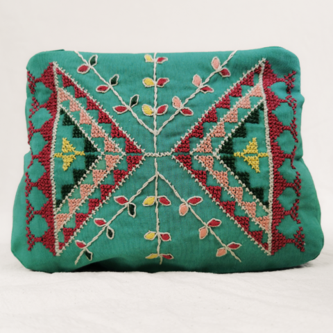 The,Almond,Blossom,pouch,-,Turquoise,By,Haneen,project,Nablus,Palestine,Made in Palestine, elbustan, Syrian fabric, Haneen project, balata refugee camp, nablus, pouch, tatreez, palestinian embroidery