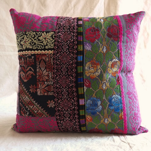 Upcycled,hand,embroidered,cushion,cover,-,Made,in,Ramallah,Palestine,andmade, Hand embroidery, tatreez, elbustan, cross stitch, needlework, hebron, gaza, gaza refugee camp, palestine, palestinian heritage, palestinian embroidery, scarf, shawl, head cover, made in Palestine, artisans, Palestinian designers, made in Palestin