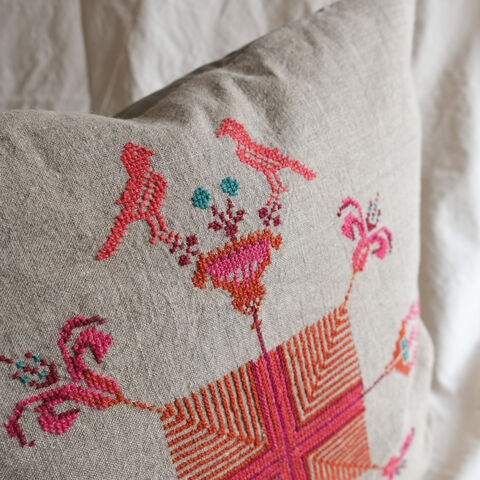 Two,Birds,in,the,Garden/,عصفورين,في,البستان,-,Palestinian,embroidery,by,“Women,Hebron”,Limited,edition, Elbustan, El Bustan, Palestine, Palestinian, West Bank, Bethlehem, Jerusalem, Nablus, Ramallah, Hebron handicrafts, heritage, cross stitch, women in Hebron, hand stitched, Handmade,Hand carved, hand crafted crafts, Artisans, ethical, Fair Trad