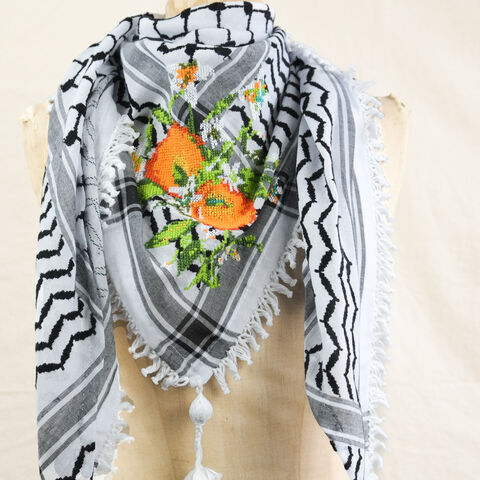 The,Garden,Kuffiyeh,-,Jaffa,Oranges,by,Amani,Keffiyeh, Kuffiya, keffieh, tatreez, KUFIYA, made in Palestine, cross stitch, Palestinian embroidery, jaffa oranges, roses