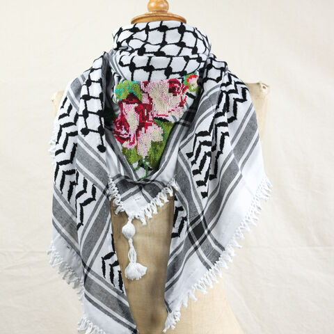 The,Garden,Kuffiyeh,-,Roses,by,Amani,Keffiyeh, Kuffiya, keffieh, tatreez, KUFIYA, made in Palestine, cross stitch, Palestinian embroidery, jaffa oranges, roses