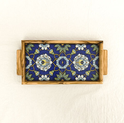 Indigo,Bloom,tray,-,Made,in,Jerusalem,and,Bethlehem,Tiles, Arminian tiles, Turkish tiles , Palestine tiles, Ceramic wooden tiles tray, made in Palestine, elbastan shop, elbustan Palestinian shop,  olive wood, olive wood Bethlehem, Palestinian crafts, Palestinian heritage, Hebron, Made in Hebron, Made in Be