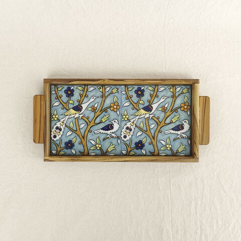 Birds,of,Eden,tray,-,Turquoise,Made,in,Jerusalem,and,Bethlehem,Balian, Tiles, Arminian tiles, Turkish tiles , Palestine tiles, Ceramic wooden tiles tray, made in Palestine, elbastan shop, elbustan Palestinian shop,  olive wood, olive wood Bethlehem, Palestinian crafts, Palestinian heritage, Hebron, Made in Hebron, Ma
