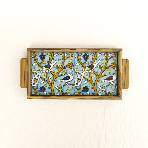 Birds,of,Eden,tray,-,Turquoise,Made,in,Jerusalem,and,Bethlehem,Balian, Tiles, Arminian tiles, Turkish tiles , Palestine tiles, Ceramic wooden tiles tray, made in Palestine, elbastan shop, elbustan Palestinian shop,  olive wood, olive wood Bethlehem, Palestinian crafts, Palestinian heritage, Hebron, Made in Hebron, Ma
