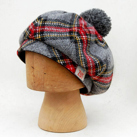 Handmade,Scottish,Oversized,Tam,in,grey,and,red,tartan,Harris,Tweed,with,optional,Pom-Pom,Grey tartan beret,  Scottish Tam, Harris Tweed Tam, Handmade unisex Tam, Harris tweed beret, Scottish wool beret, Slouchy tweed beret