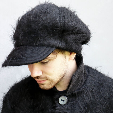 Handmade,,black,,slouchy,,hairy,wool,cap,in,natural,Alpaca,and,Mohair,faux-fur,,ZUTenzo,Slouchy hairy fur cap, Faux fur wool cap, Black winter cap, Womens newsboy cap, Mens wool cap, Mens rasta cap, wool slouchy cap, Mens peaked cap