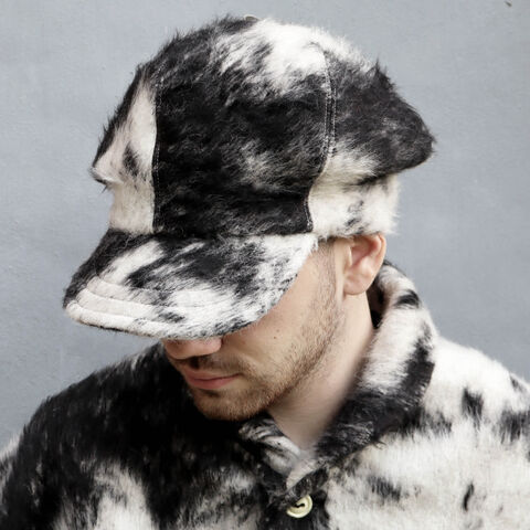 Handmade,,slouchy,,hairy,wool,cap,in,piebald,llama,and,pure,fabric,,ZUTenzo,Slouchy hairy fur cap, Faux fur wool cap, Black and white winter cap, Womens pony cap, Mens wool cap, Mens rasta cap, wool slouchy cap, Mens peaked cap