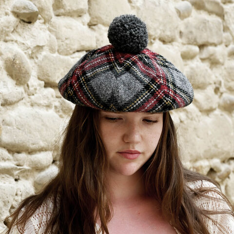 Handmade,Scottish,Oversized,Tam,in,grey,and,red,tartan,Harris,Tweed,with,optional,Pom-Pom,Grey tartan beret,  Scottish Tam, Harris Tweed Tam, Handmade unisex Tam, Harris tweed beret, Scottish wool beret, Slouchy tweed beret