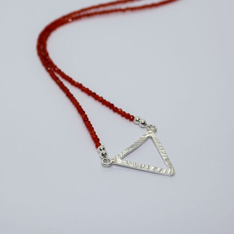 Carnelian,beaded,necklace,with,silver,triangle,pendant,Carnelian jewellery, handmade necklace U.K., beaded jewellery, red jewellery designs, sterling silver jewellery, hammer textured, gift boxed, 