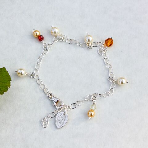 Sterling,silver,charm,bracelet,Sterling silver jewellery U.K., beaded bracelet, sterling silver linked bracelet, charm bracelet, leaf jewellery, nature inspired jewellery, Swarovski beads, Swarovski pearls, cubic zirconia, adjustable bracelets, 