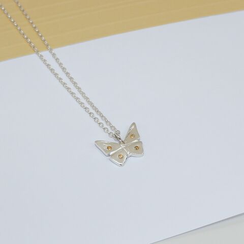Silver,butterfly,pendant,with,gold,embellishment,Butterfly jewellery, silver jewellery U.K., sterling silver butterfly pendant with gold, gold embellishment, recycled silver, gift wrapped