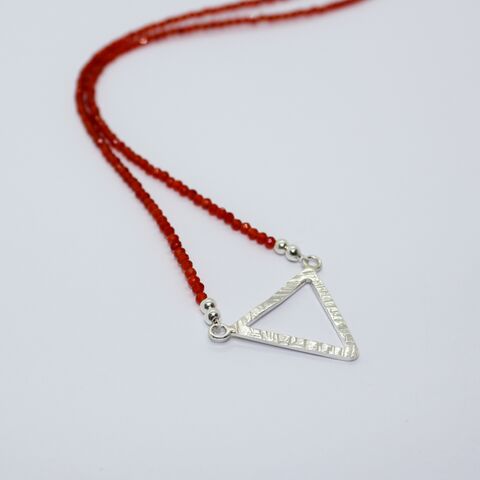 Carnelian,beaded,necklace,with,silver,triangle,pendant,Carnelian jewellery, handmade necklace U.K., beaded jewellery, red jewellery designs, sterling silver jewellery, hammer textured, gift boxed, 
