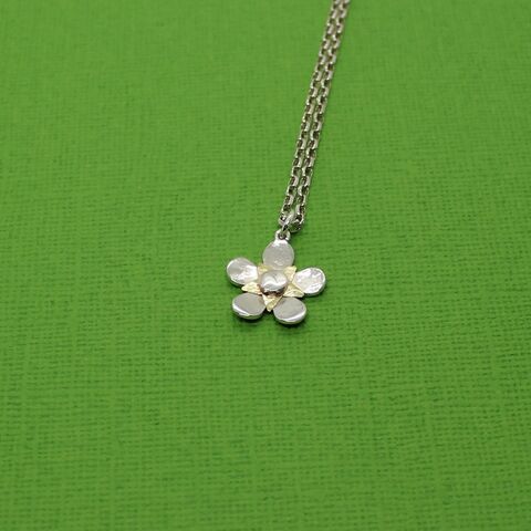 Sterling,silver,flower,pendant,necklace,with,brass,star,centre,Silver flower jewellery, sterling silver jewellery uk, silver and brass jewellery designs, unique designs, gift wrapped, 