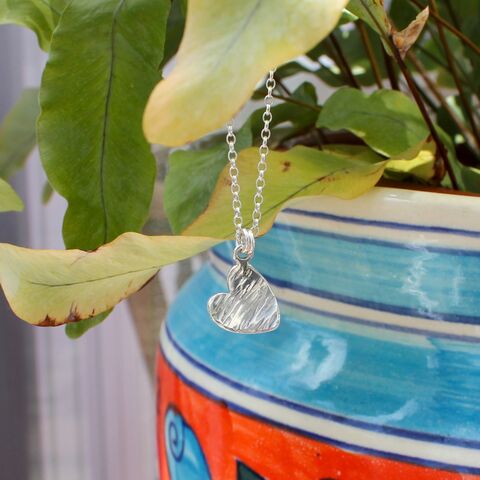 Silver,curved,heart,pendant,necklace,Handmade necklaces, heart jewellery U.K., recycled silver necklace, texture silver heart, domed heart, curved heart, sterling silver jewellery U.K., gift wrapped