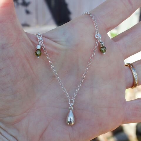 Silver,necklace,with,tear,drop,charm,Handmade jewellery U.K., sterling silver chain necklace with green charms, cubic zirconia, faceted beads, tear drop, 