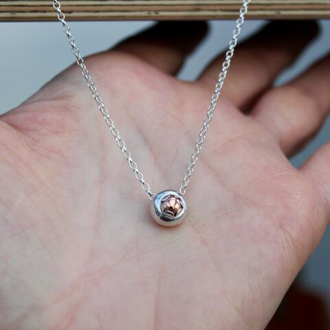 Floweret,pendant,necklace,in,silver,and,copper,Handmade silver jewellery U.K., silver and copper, mixed metal jewellery, hand cut petals, gift wrapped, 