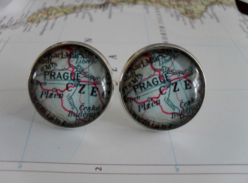 PRAGUE Czech Republic Map Silver CUFF LINKS / Father's Day / Groomsmen Gift / Gift for Him / Vintage map cufflinks / Gift Boxed - product image  