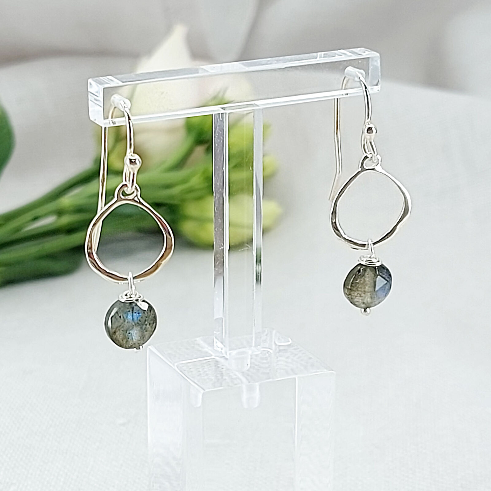 Sterling silver labradorite drop earrings with natural blue flash gemstone