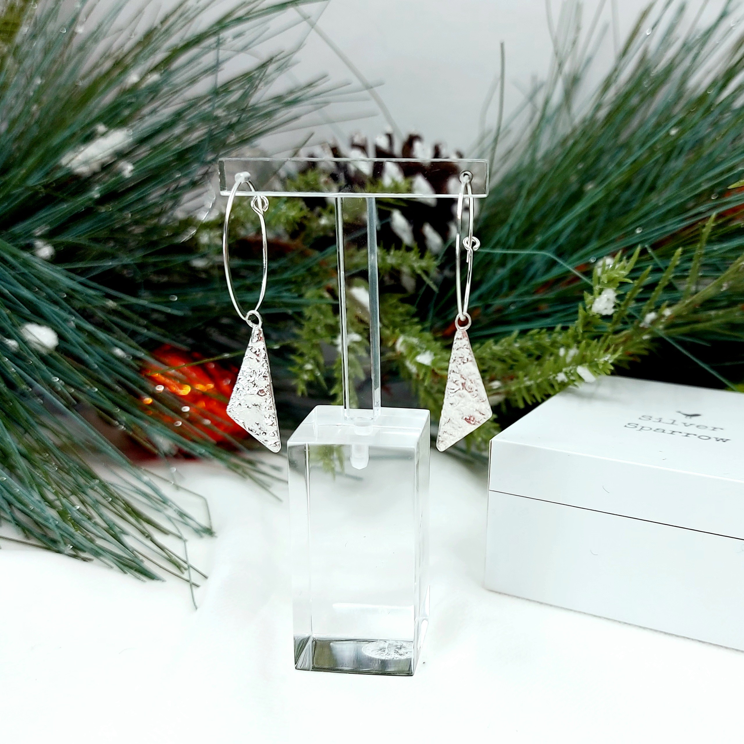 Handmade artisansilver reticulated triangular long drop earrings by silver sparrow jewellery