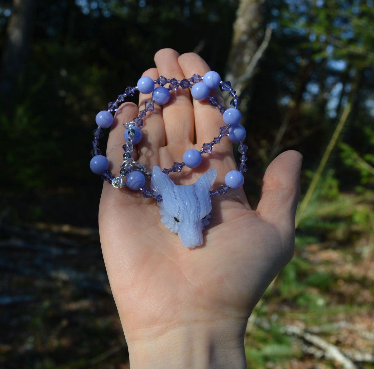 Blue Lace Agate wolf necklace with 