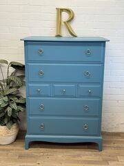 Stag,Minstrel,Chest,of,Drawers,–,Professionally,Painted,in,Calypso,Blue,by,Benjamin,Moore,stag minstrel furniture, stag minstrel chest of drawers, john and sylvia reid, painted stag minstrel, mid century modern drawers, vintage stag furniture, stag minstrel bedside tables, stag minstrel dressing table, calypso blue dresser, painted vintage fur