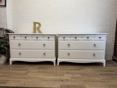 Pair,of,Stag,Minstrel,4-Over-2,Chest,Drawers,–,Chantilly,Lace,|,Roosters,Furniture,stag minstrel furniture, stag minstrel chest of drawers, stag minstrel 4 over 2, stag minstrel chantilly lace, john and sylvia reid design, painted stag minstrel, mid century modern drawers, vintage stag furniture, white chest of drawers, chantilly lace d