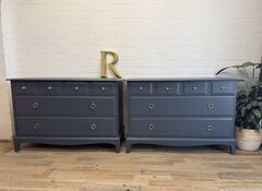 Pair,of,Stag,Minstrel,4,Over,2,Chests,–,Professionally,Painted,in,Rooster,Blue.,stag minstrel chests, rooster blue, painted stag furniture, vintage chest of drawers, mid century drawers, scandi style furniture, 4 over 2 drawers