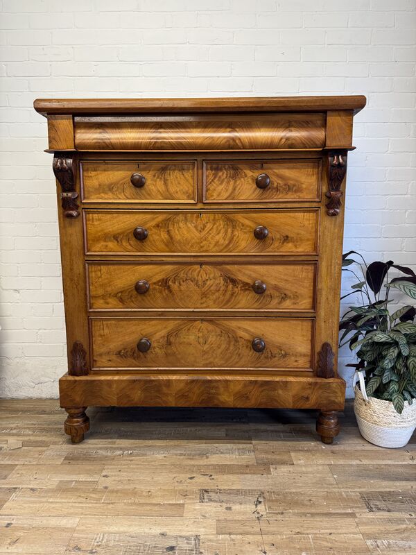Edwardian Flame Mahogany Chest of Drawers – Signed &amp; Dated 1902 – Hidden Drawer - product images  of 