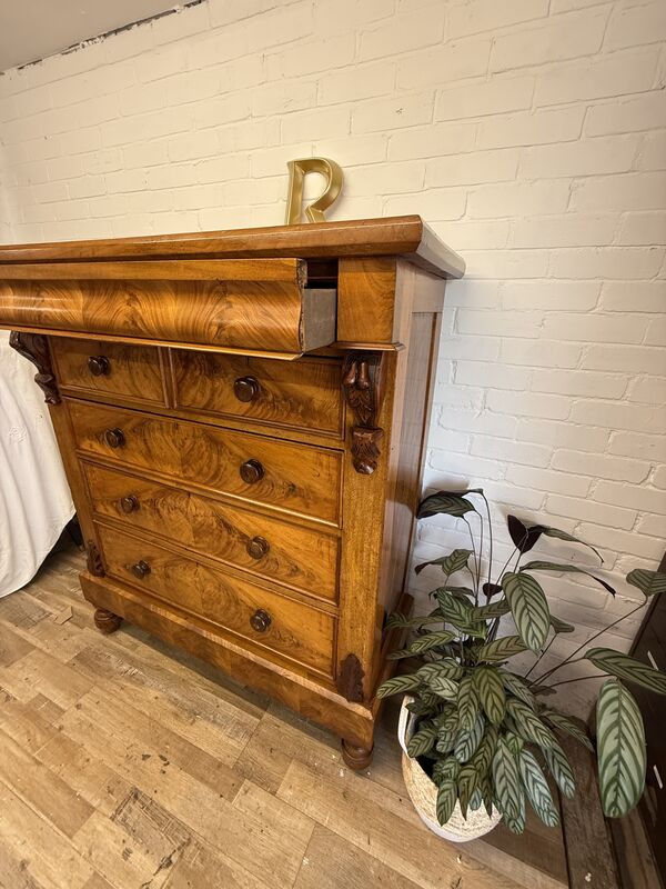 Edwardian Flame Mahogany Chest of Drawers – Signed &amp; Dated 1902 – Hidden Drawer - product images  of 