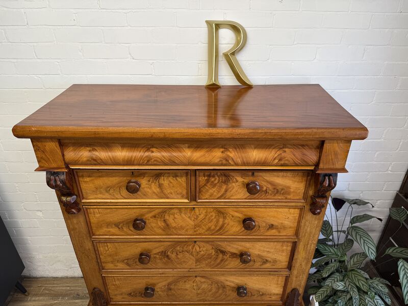 Edwardian Flame Mahogany Chest of Drawers – Signed &amp; Dated 1902 – Hidden Drawer - product images  of 