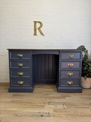 Refurbished,Solid,Pine,Pedestal,Desk,in,Rooster,Blue,with,Warm,Stained,Top
