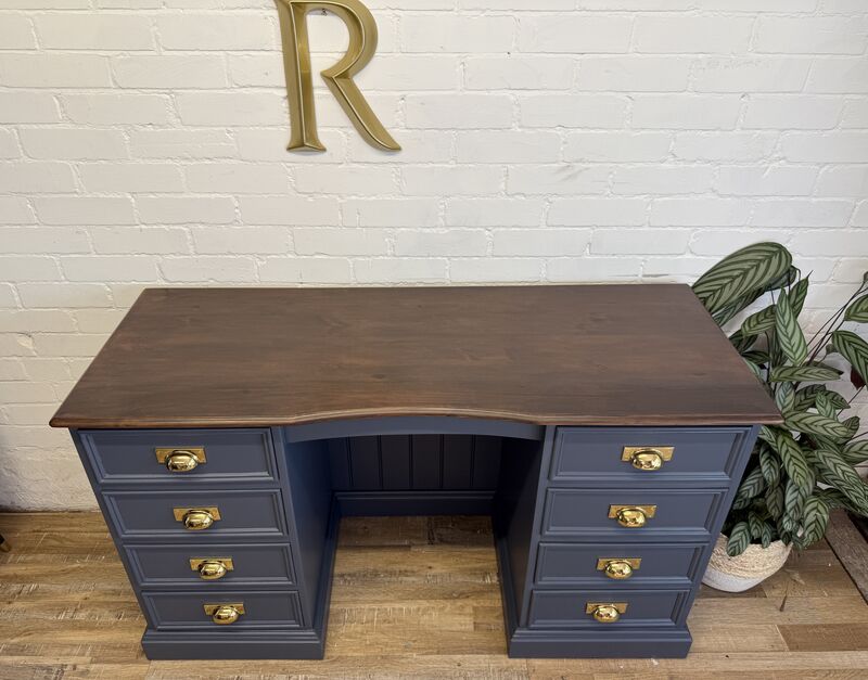 Refurbished Solid Pine Pedestal Desk in Rooster Blue with Warm Stained Top - product images  of 