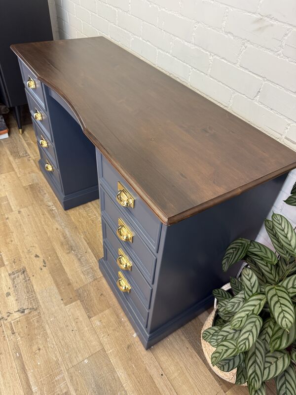 Refurbished Solid Pine Pedestal Desk in Rooster Blue with Warm Stained Top - product images  of 