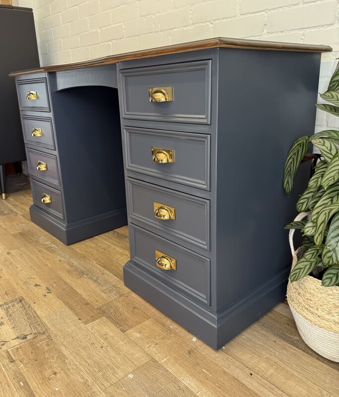 Refurbished Solid Pine Pedestal Desk in Rooster Blue with Warm Stained Top - product images  of 