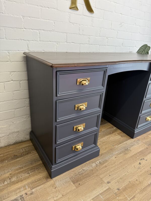 Refurbished Solid Pine Pedestal Desk in Rooster Blue with Warm Stained Top - product images  of 
